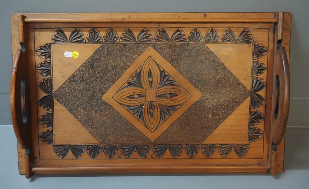 vintage poker carved timber handled serving tray - has crack, chip to one corner L-585 W-350 Image 1++