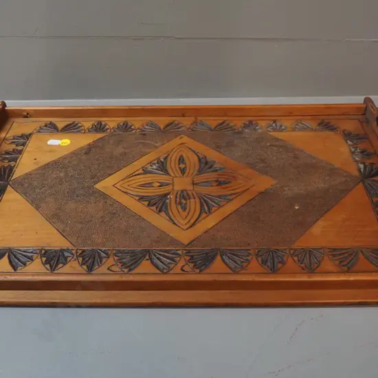 vintage poker carved timber handled serving tray - has crack, chip to one corner L-585 W-350