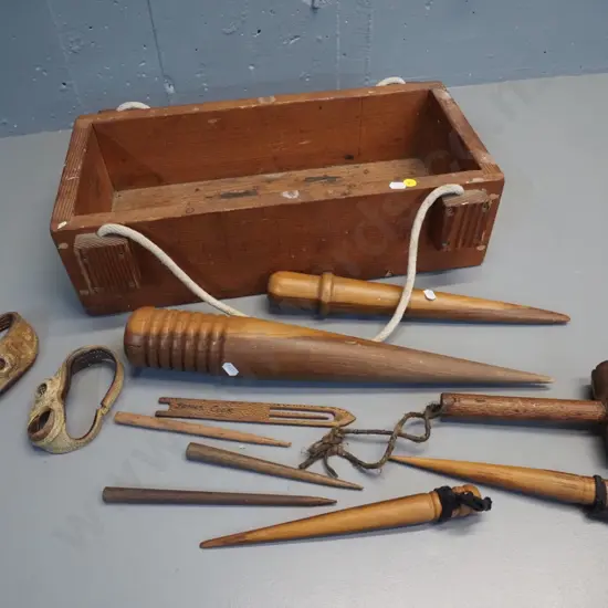 wooden box with rope handles, containing a rope splicing kit - 9 items. Box is H-180 L-500 W-280