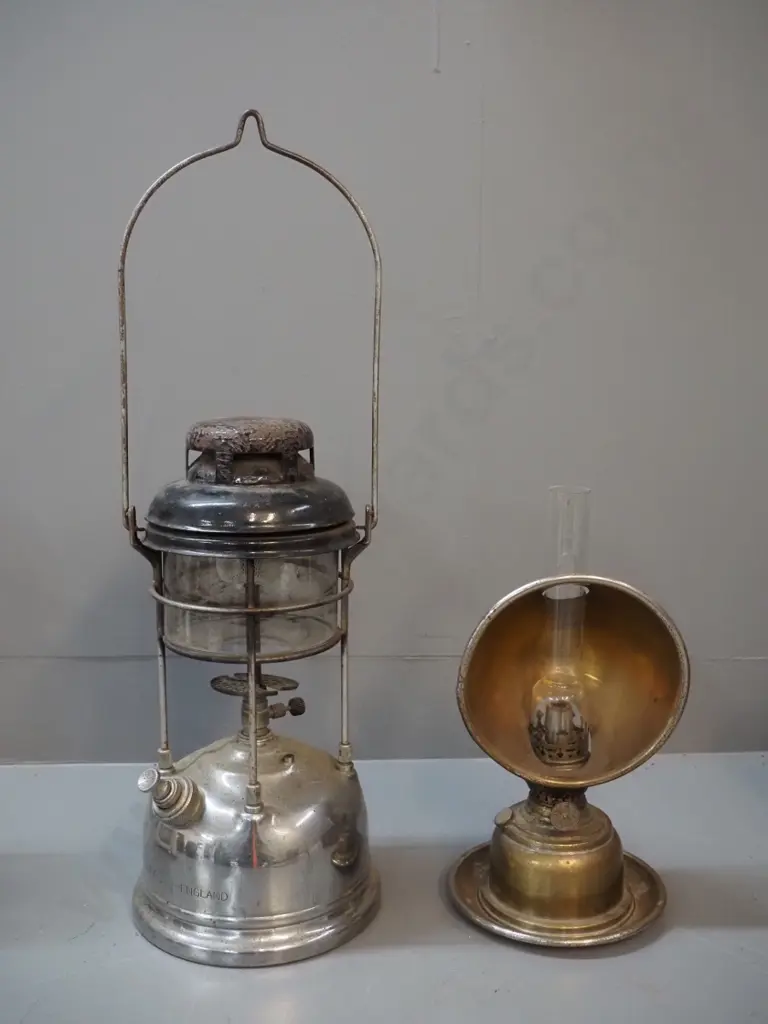 2 spirit lanterns - chrome Tilley England H350 & other w/brass finish & glass chimney, wear & pitting to chrome etc. Image 1++