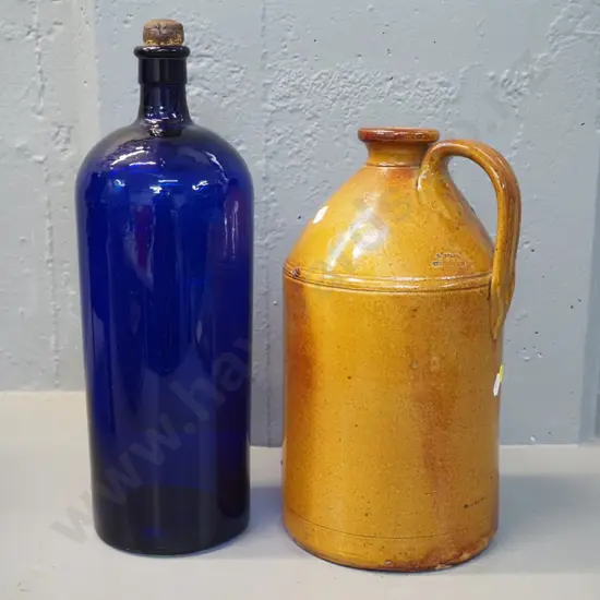 Adams Christchurch narrow-neck crock H-340 and large blue bottle with cork stopper H-410