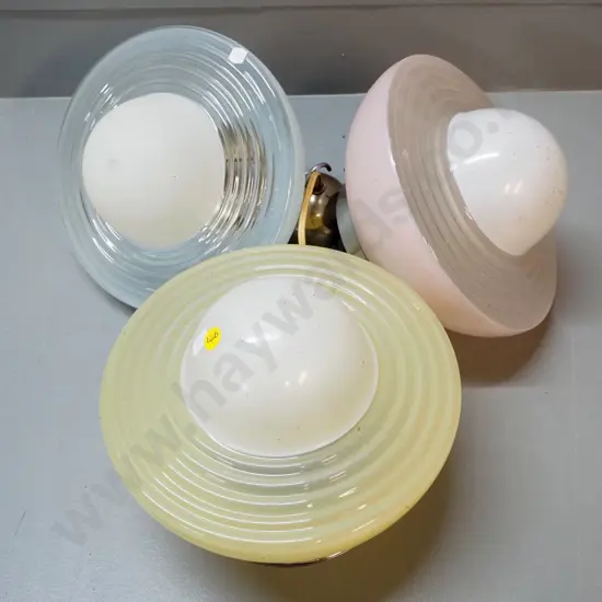 3 various colour glass ceiling light shades/fittings with chrome journals and/or hooks - each D-230