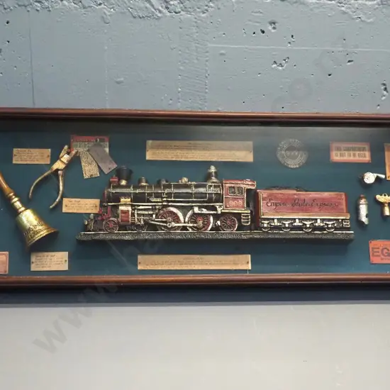 "American Railroad" composite locomotive model with reproduction ephemera, in glazed wooden display case H330 W1060 D100