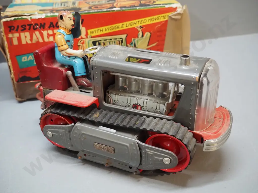 2 vintage Japanese tin toy vehicles - police jeep and tractor with separate driver, box - both with corrosion and damage Image 1++