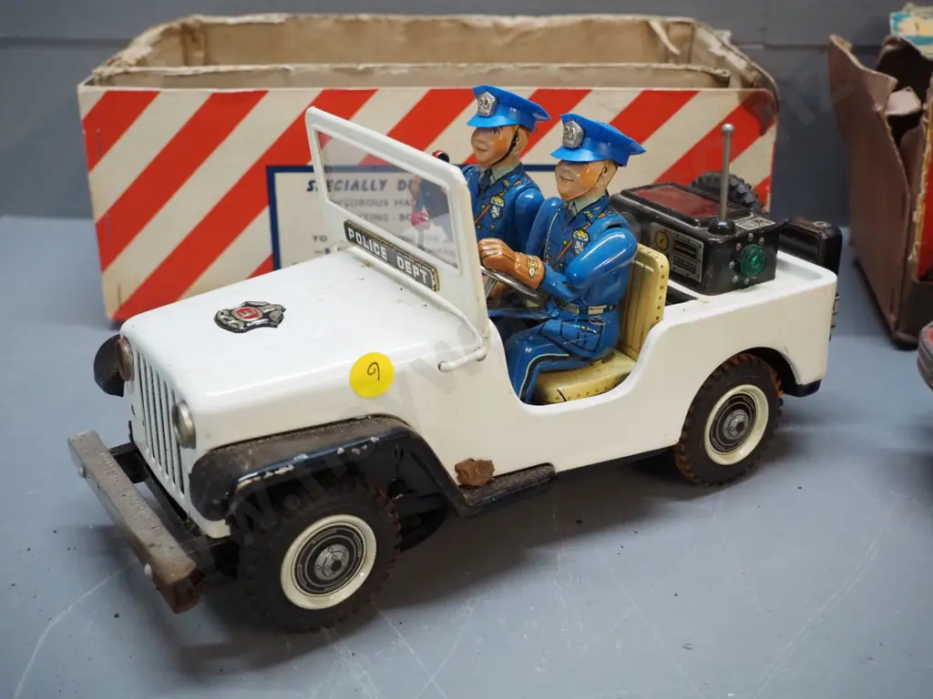 2 vintage Japanese tin toy vehicles - police jeep and tractor with separate driver, box - both with corrosion and damage Image 1++