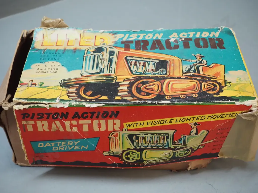 2 vintage Japanese tin toy vehicles - police jeep and tractor with separate driver, box - both with corrosion and damage Image 1++