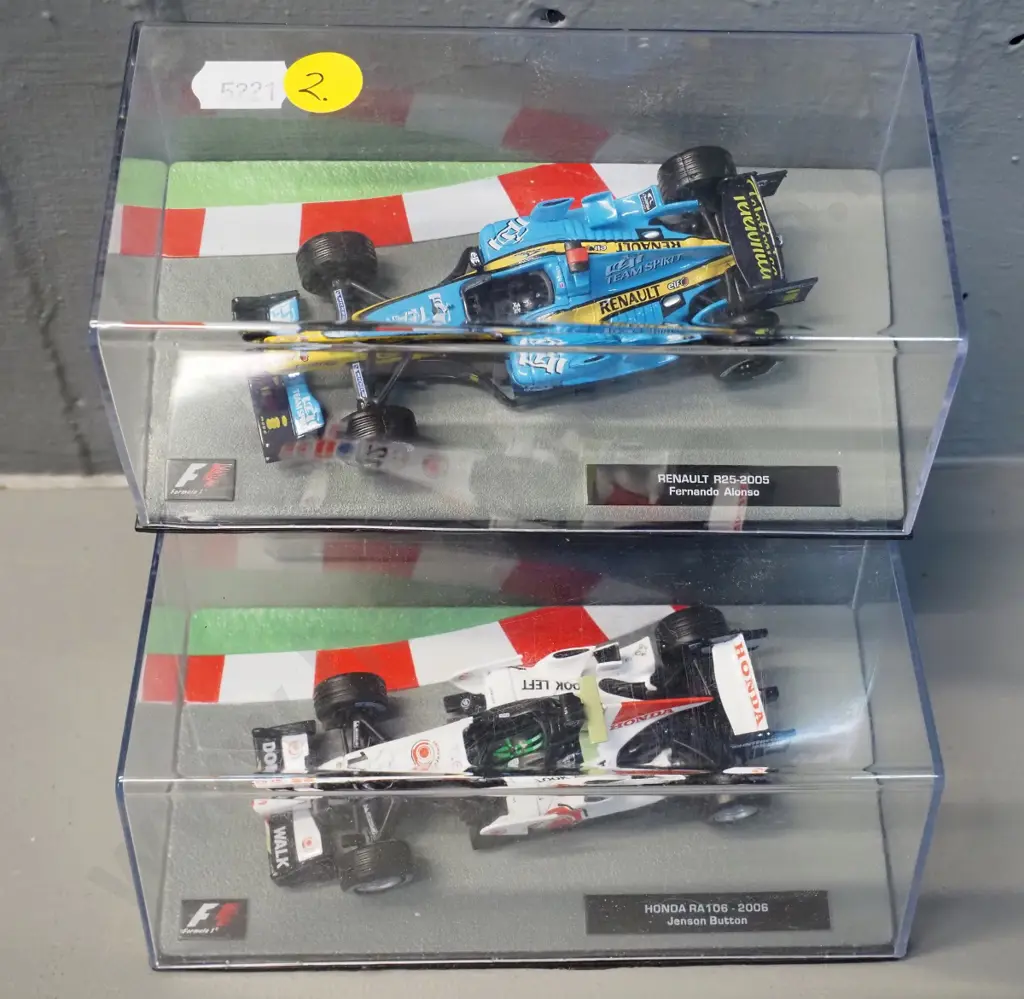 2 die-cast 1:43 scale Formula 1 racing cars - both 2005 - Jenson Button and Fernando Alonso Image 1++