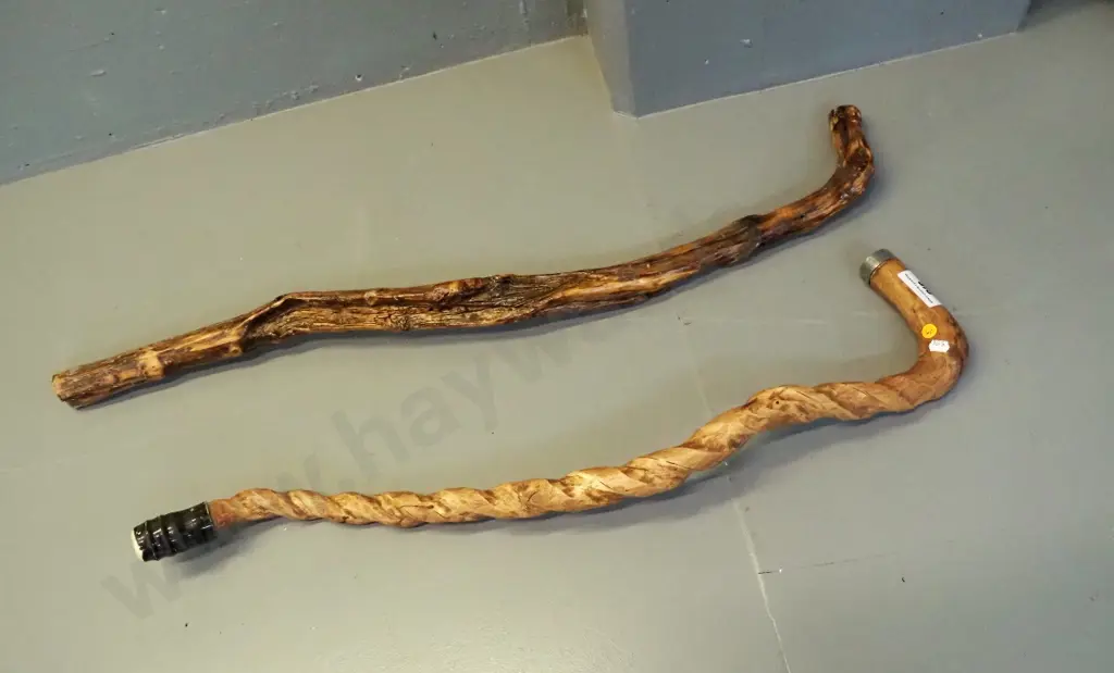 2 twisted timber walking sticks, one with steel band, longer is L940 Image 1++
