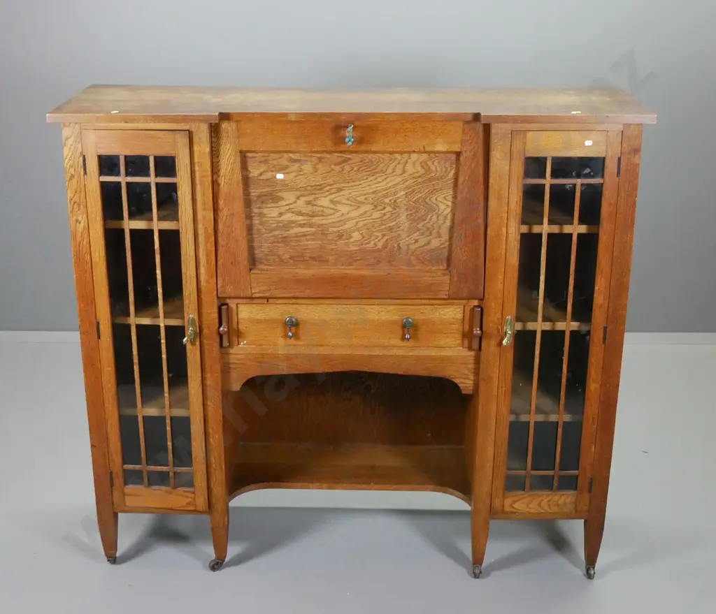 deco oak drop-front writing desk / display cabinet w/2 doors, 1 drawer - astragals loose or missing H1320 W1450 D400 Image 1++