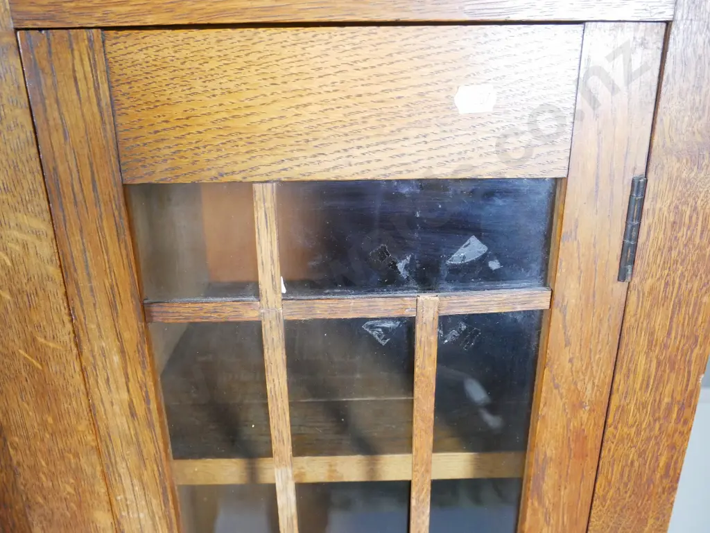 deco oak drop-front writing desk / display cabinet w/2 doors, 1 drawer - astragals loose or missing H1320 W1450 D400 Image 1++