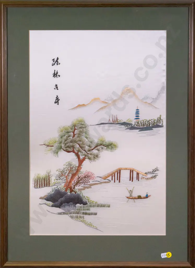 framed Asian needlework on silk H-500 W-330 Image 1++