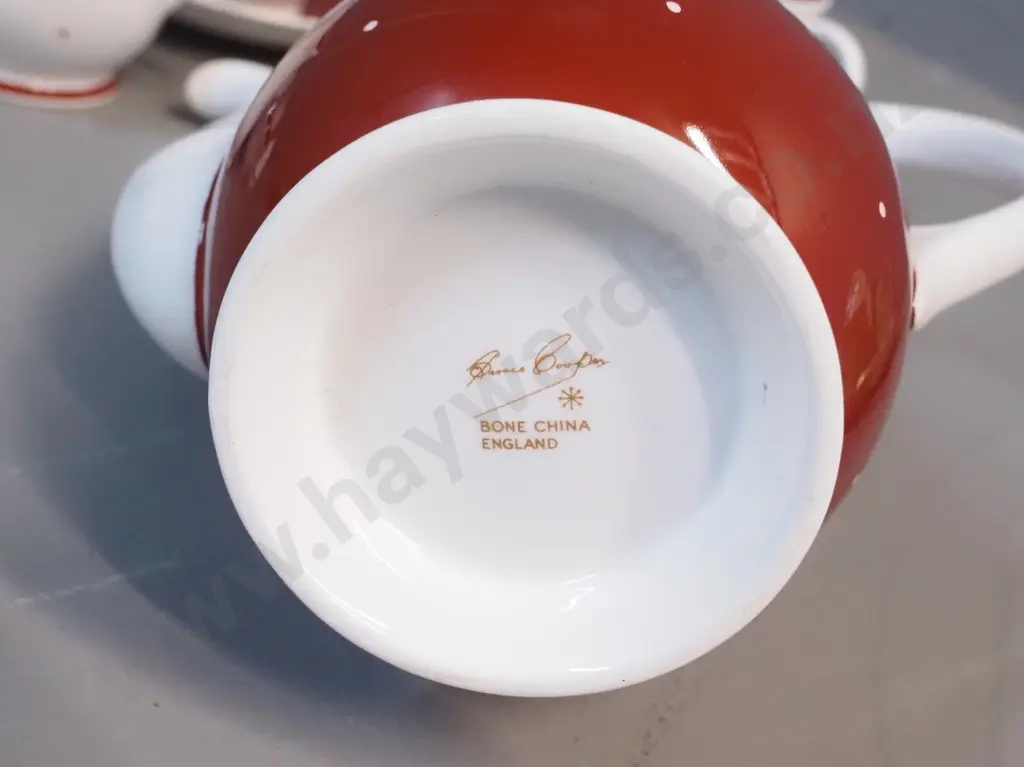 Susie Cooper bone china coffee set - dark red polka dot pattern Image 1++