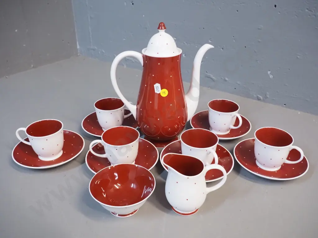 Susie Cooper bone china coffee set - dark red polka dot pattern Image 1++