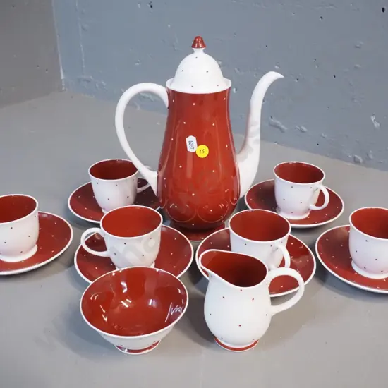 Susie Cooper bone china coffee set - dark red polka dot pattern