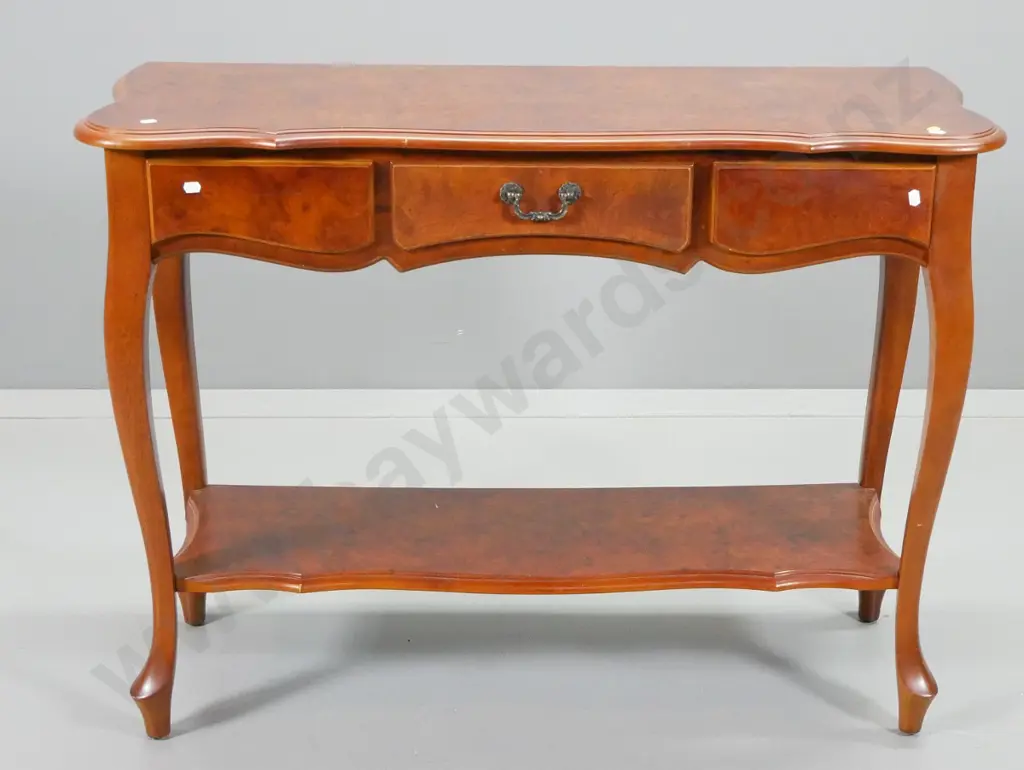 R.A. Davies Chch reproduction burr walnut hall table with drawer, some lifting veneer on shelf H760 W1020 D390 Image 1++