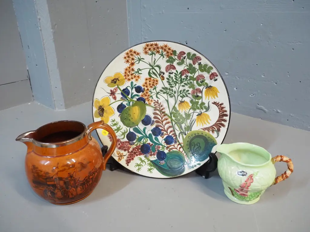 hand painted display dish marked W. Aebi Hasle D-280 (small glaze chip) Carlton  jug & Athlo Ware sports & pastimes jug Image 1++