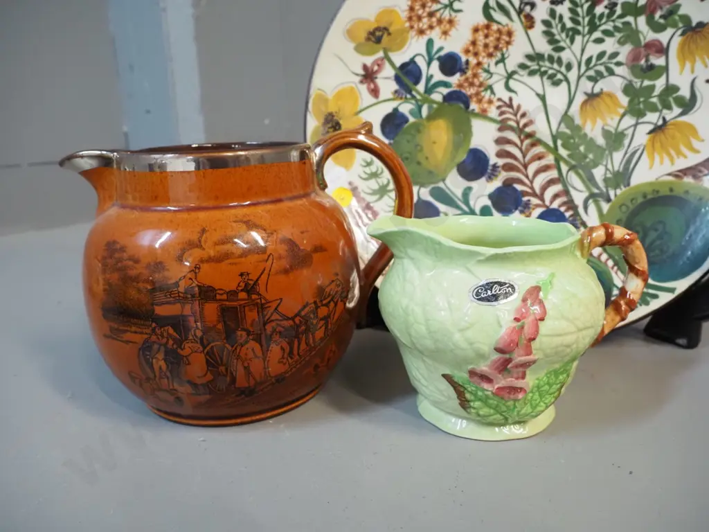 hand painted display dish marked W. Aebi Hasle D-280 (small glaze chip) Carlton  jug & Athlo Ware sports & pastimes jug Image 1++