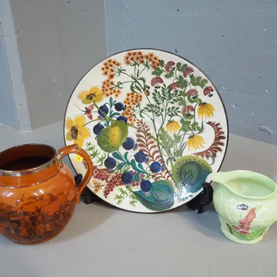 hand painted display dish marked W. Aebi Hasle D-280 (small glaze chip) Carlton  jug & Athlo Ware sports & pastimes jug