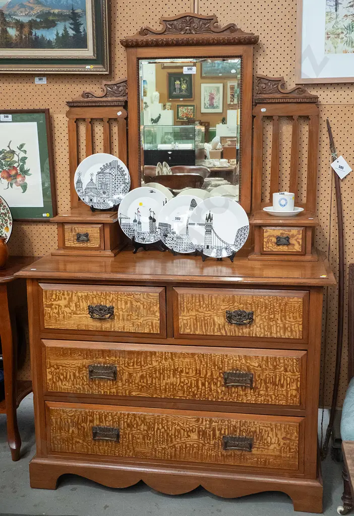 vintage deco style mixed native timber & mottled drawer fronts dressing table with ornately carved tilt mirror frame and Image 1++