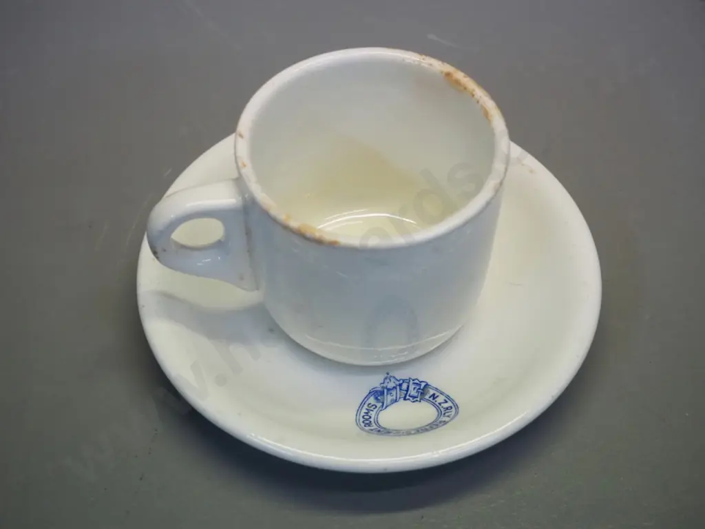 New Zealand Railway Refreshment Rooms cup & saucer - marked Maddock England - staining to cup Image 1++