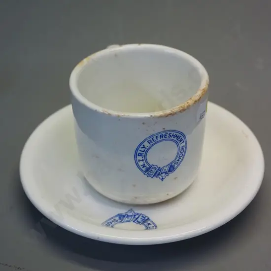 New Zealand Railway Refreshment Rooms cup & saucer - marked Maddock England - staining to cup