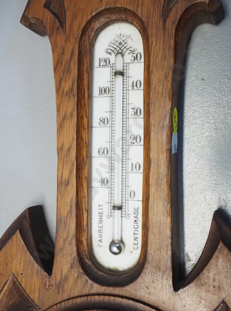 vintage oak-cased wall barometer-thermometer - marked  'English Made' 547350 H-460 W-185 Image 1++