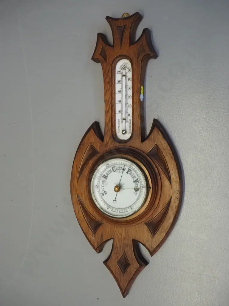vintage oak-cased wall barometer-thermometer - marked  'English Made' 547350 H-460 W-185 Image 1++