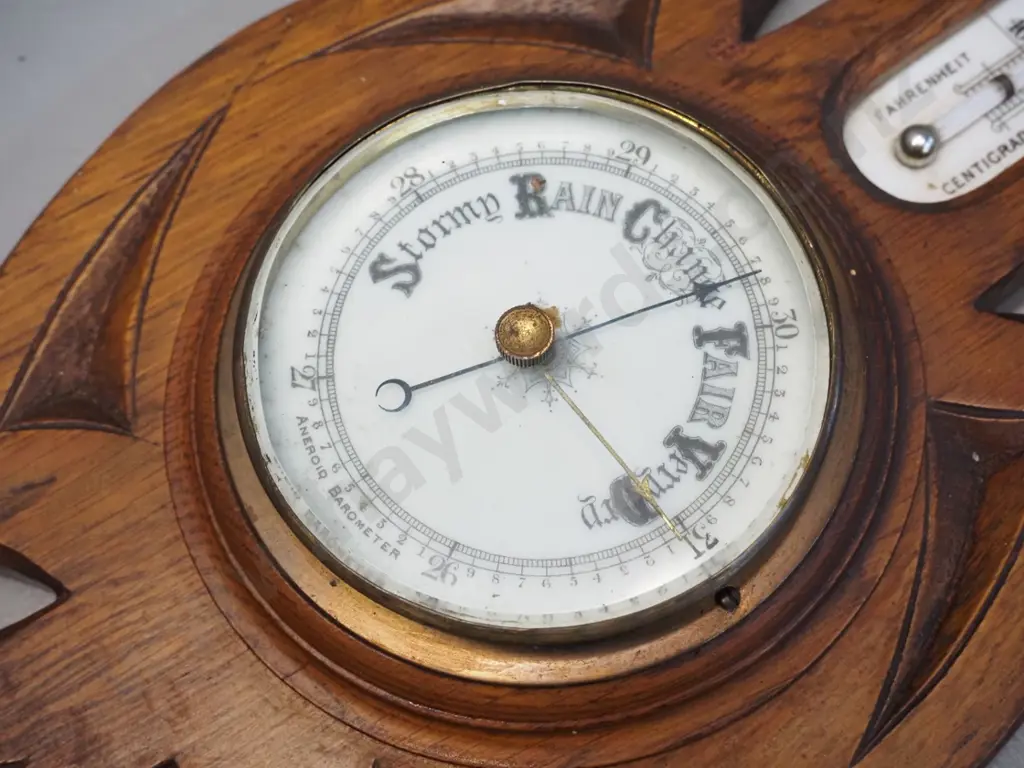 vintage oak-cased wall barometer-thermometer - marked  'English Made' 547350 H-460 W-185 Image 1++