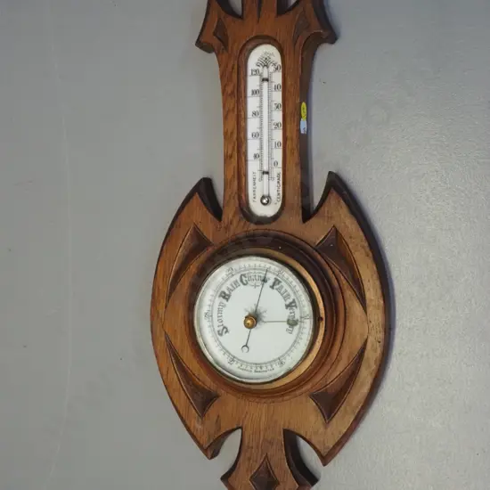 vintage oak-cased wall barometer-thermometer - marked  'English Made' 547350 H-460 W-185