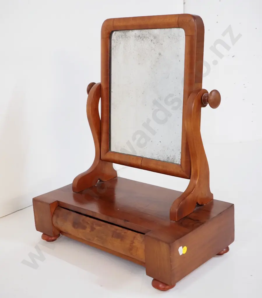 vintage flame mahogany small dressing table cheval mirror with drawer - some desilvering, age wear H510 W410 D225 Image 1++