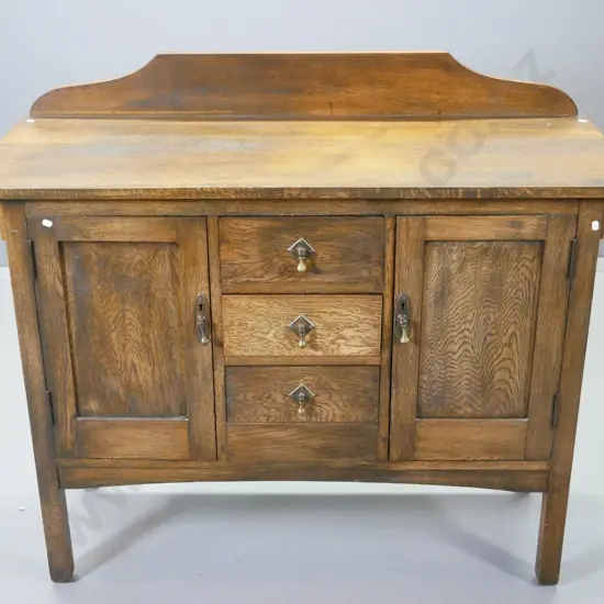 oak deco sideboard w/3 drawers, 2 cupboards, original drop handles, key escutcheons, no key H1060 w1220 D485