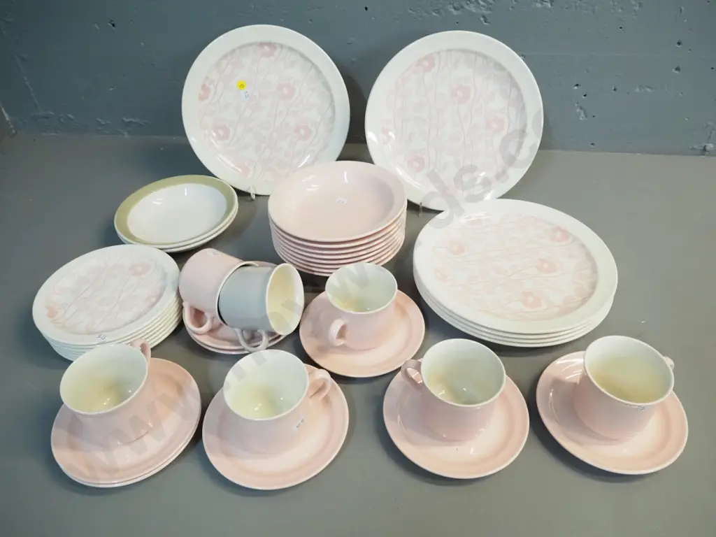 selection of retro Crown Lynn dinnerware: Symphony Pink pattern dinner & side plates, pink cups, saucers & desserts etc. Image 1++