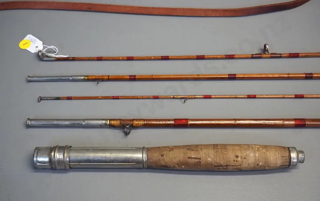 split-cane fishing rod - handle plus 4 pieces, two are tip sections, with case in rough condition Image 1++