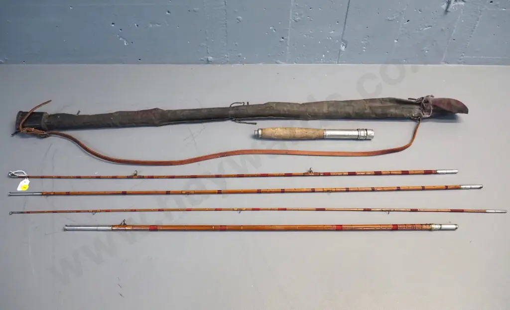 split-cane fishing rod - handle plus 4 pieces, two are tip sections, with case in rough condition Image 1++