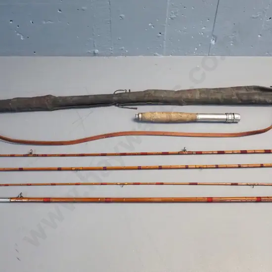 split-cane fishing rod - handle plus 4 pieces, two are tip sections, with case in rough condition