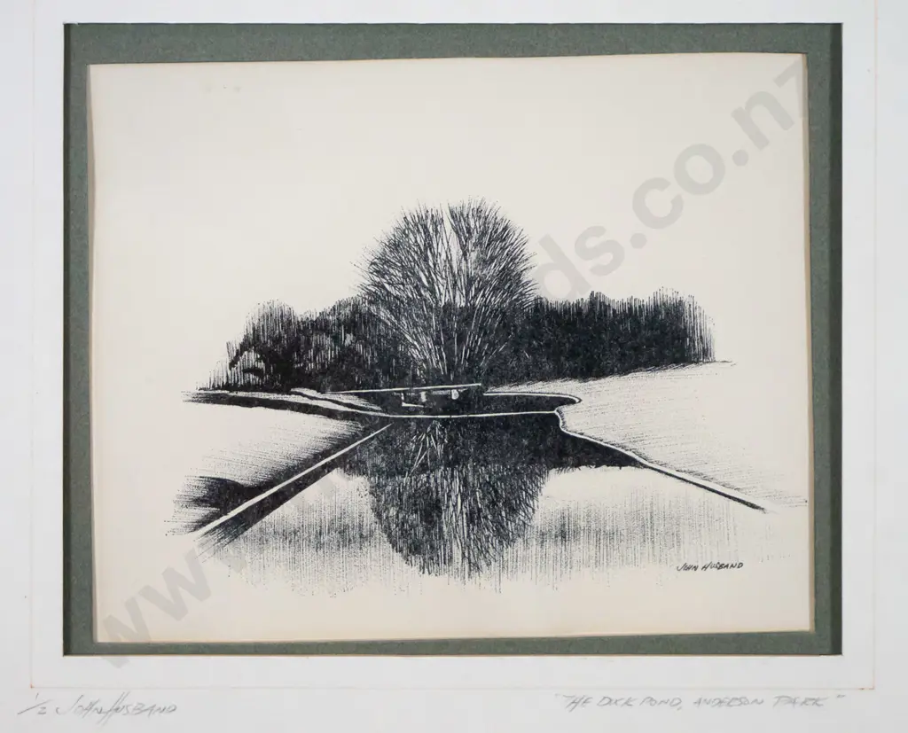 John Husband - framed etching 1/2 "The Duck Pond, Anderson Park" (slight warping) H-160 W-200 Image 1++