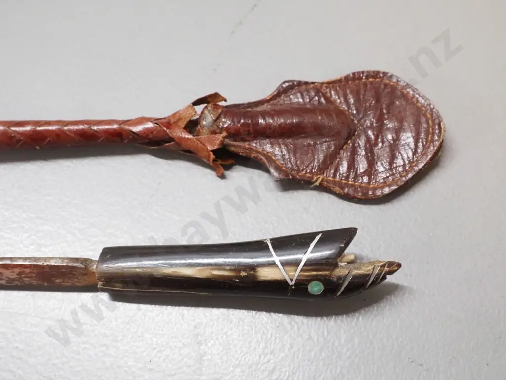 vintage leather riding crop with metal insert and carved bone handle - damage to leather and snake head carving L-520 Image 1++