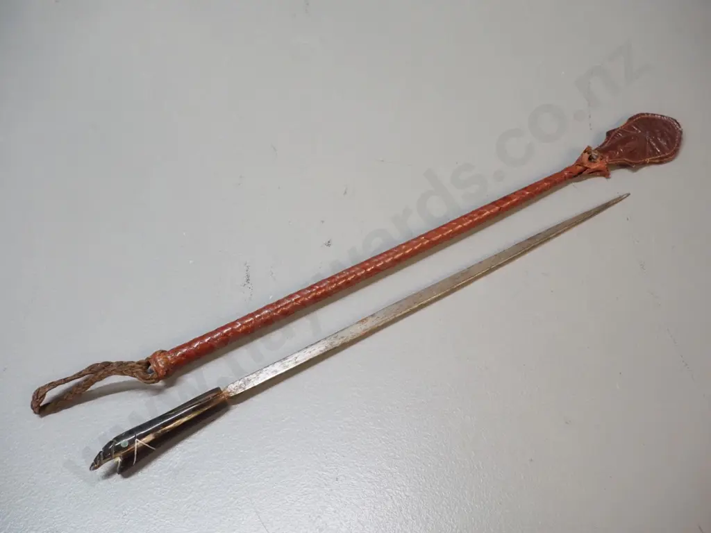 vintage leather riding crop with metal insert and carved bone handle - damage to leather and snake head carving L-520 Image 1++