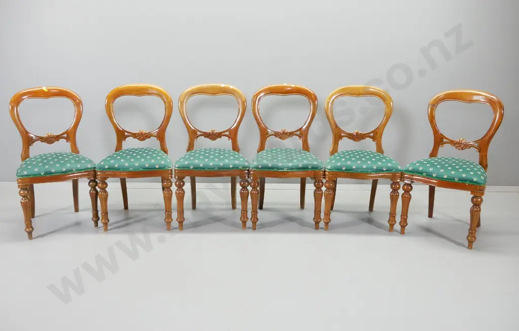 set of 6 reproduction balloon back chairs w/ carved rails, damask upholstered seats, polish needs work H910 W480 D400 Image 1++
