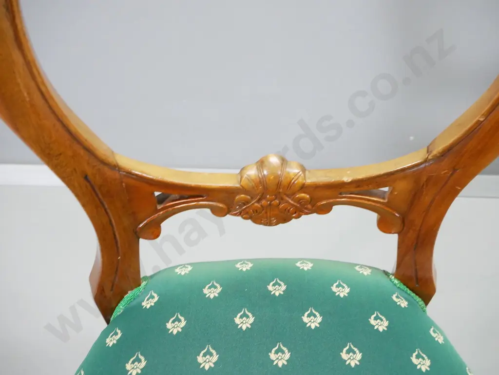 set of 6 reproduction balloon back chairs w/ carved rails, damask upholstered seats, polish needs work H910 W480 D400 Image 1++
