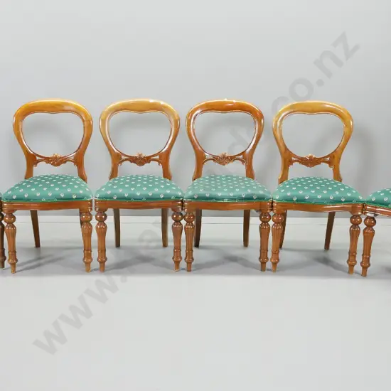set of 6 reproduction balloon back chairs w/ carved rails, damask upholstered seats, polish needs work H910 W480 D400