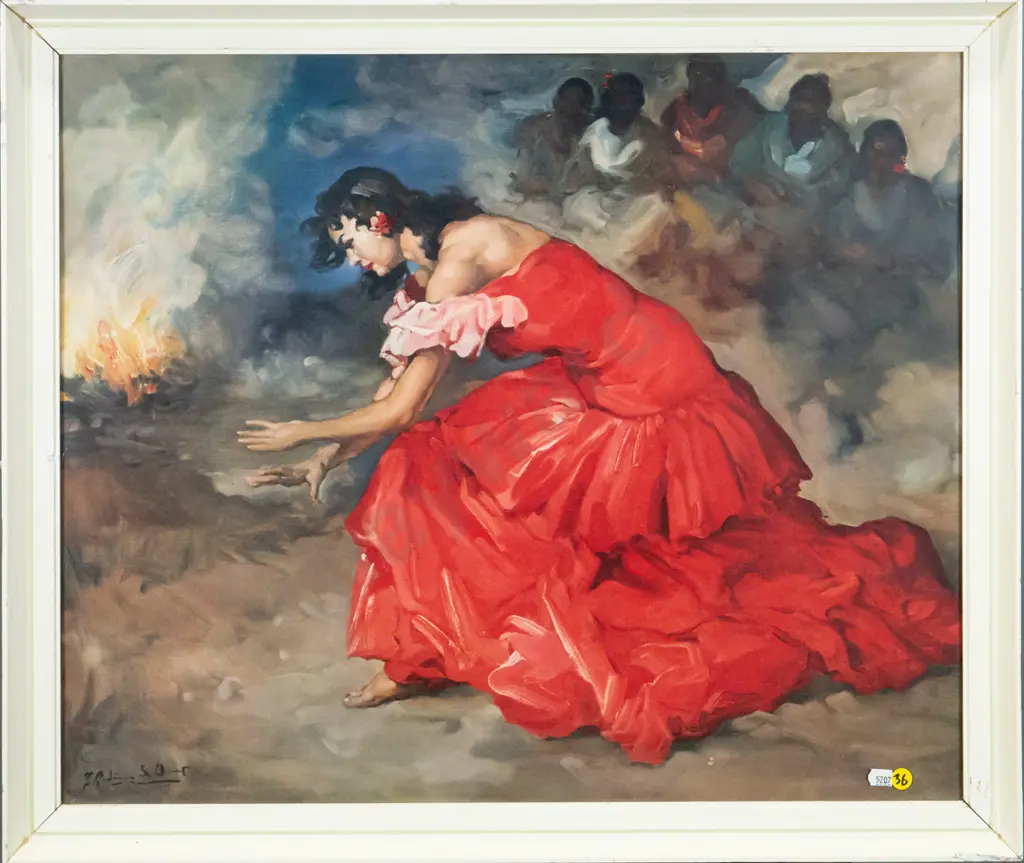 framed retro print - woman in red dress H-500 W-600 Image 1++