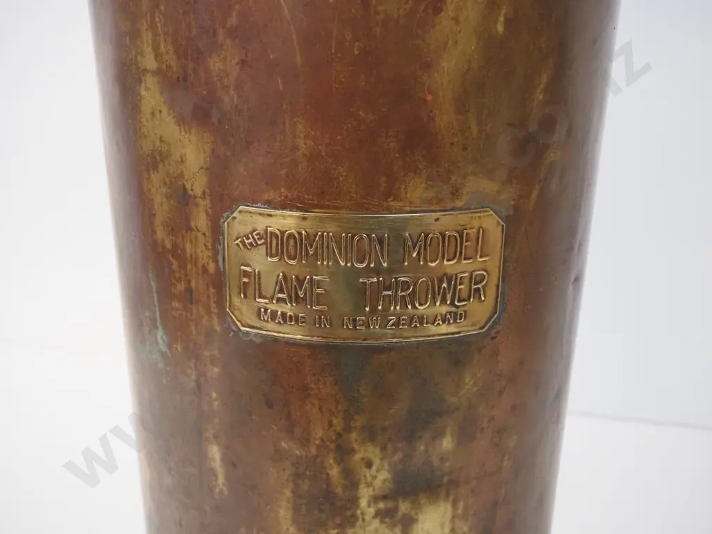 vintage brass 'Dominion Model' New Zealand made flame thrower with wooden pump handle H-710 D-240 Image 1++