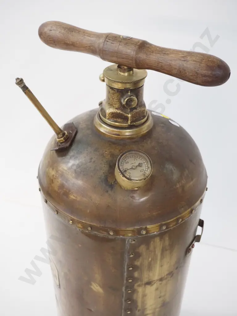 vintage brass 'Dominion Model' New Zealand made flame thrower with wooden pump handle H-710 D-240 Image 1++