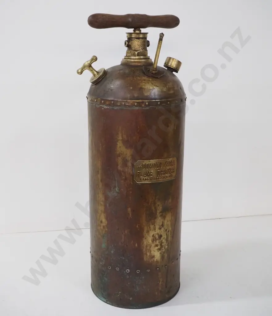 vintage brass 'Dominion Model' New Zealand made flame thrower with wooden pump handle H-710 D-240 Image 1++