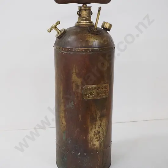 vintage brass 'Dominion Model' New Zealand made flame thrower with wooden pump handle H-710 D-240