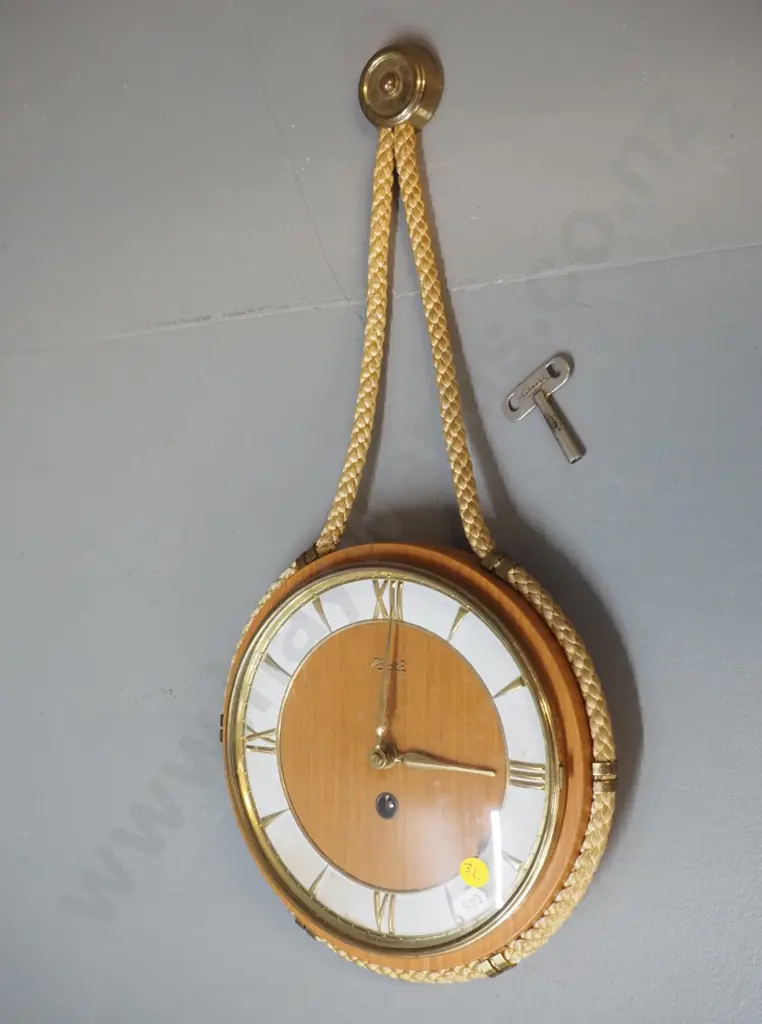 retro timber and brass Kienzle wall clock with key & corded hanger - some pitting to brass D-230 Image 1++