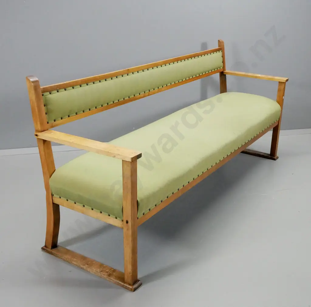 deco style kauri framed large bench seat with studded green cotton upholstery - fabric needs cleaning, polish needs Image 1++