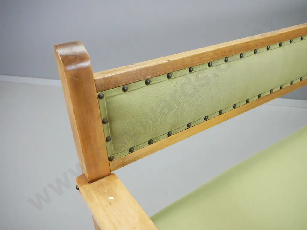 deco style kauri framed large bench seat with studded green cotton upholstery - fabric needs cleaning, polish needs Image 1++