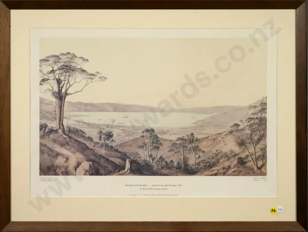 framed historic print - Wellington From Brooklyn - across to Te Aro and Thorndon 1861 H-300 W-500 Image 1++